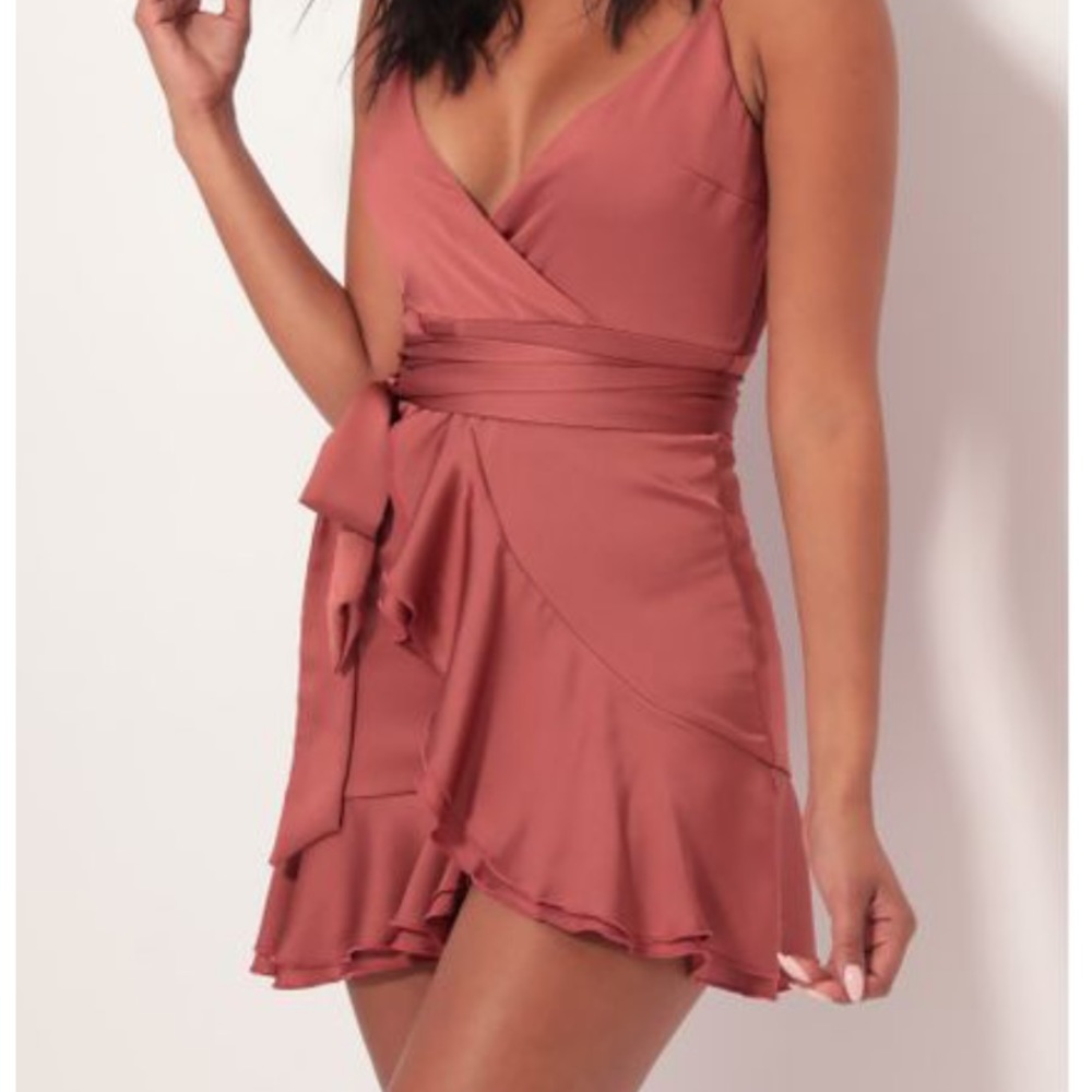 Lucy in the Sky Becca Satin Ruffle Dress in Rust